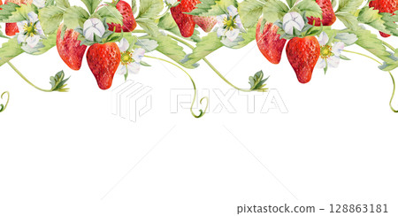 Strawberry berries leaves flowers hanging bunch, vines tendrils creepers garland garden pineberry strasberry. Hand drawn in watercolor. Isolated seamless banner border. Menu, farmers market, florist 128863181