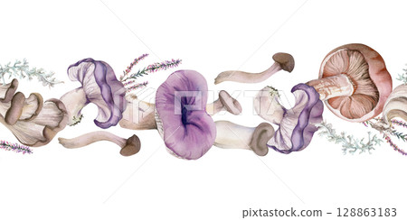 Russula webcap oyster mushroom, moss lichen growth, heather flowers. Nature seamless banner hand drawn in watercolor. Woodland floor habitat scene. Scrapbooking decoupage stationery, wild food market Russula webcap oyster mushroom, moss lichen growth, heather flowers. Nature seamless banner hand drawn in watercolor. Woodland floor habitat scene. Scrapbooking decoupage stationery, wild food market 128863183