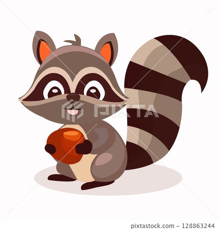 cartoon raccoon. It looks friendly and cute, with big eyes, a cute face and wide dark stripes on its tail. In its paws is a bright orange fruit 128863244