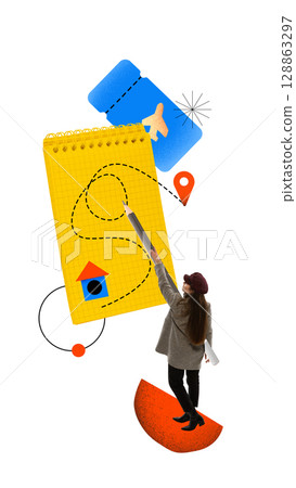Modern collage of woman drawing path on large notepad with flight ticket and travel icons above 128863297