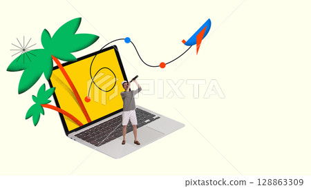 Memphis style collage of sailor standing on laptop with tropical trees and connected path 128863309