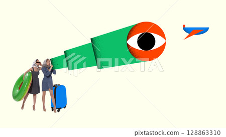 Modern collage of two women with inflatable ring looking through abstract telescope at a plane 128863310