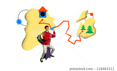 Bright digital artwork of man sitting on suitcase with backpack, and route line connecting abstract destinations. 128863311