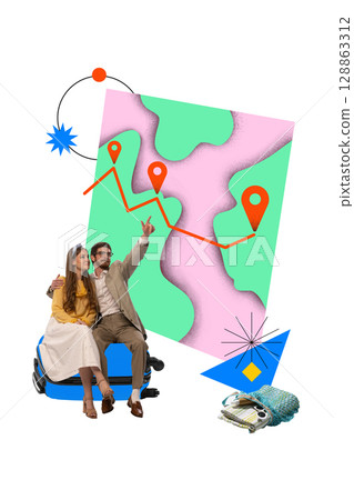 Contemporary collage of couple with map and digital route in colorful abstract style 128863312