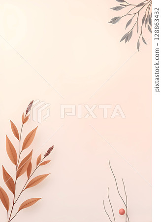 Minimalist botanical background with dried brown leaves and delicate gray branches on soft beige backdrop, elegant natural design with negative empty space for text or graphics 128863432