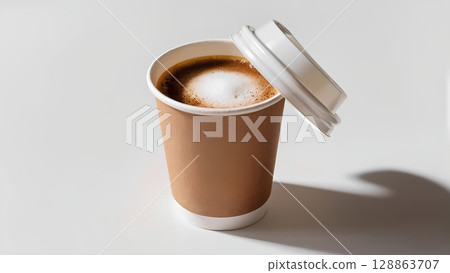 A brown paper cup with a white lid and a white foam top, filled with coffee, is placed on a white background. 128863707