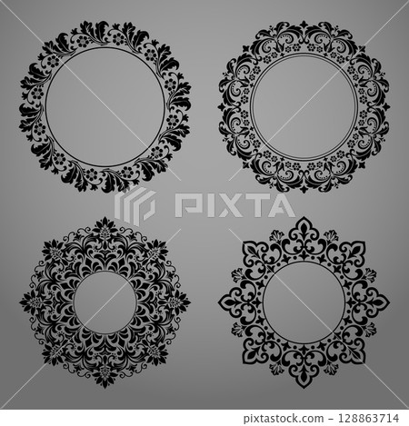Set of decorative frames Elegant vector element for design in Eastern style, place for text. Floral black and gray borders. Lace illustration for invitations and greeting cards Set of decorative frames Elegant vector element for design in Eastern style, place for text. Floral black and gray borders. Lace illustration for invitations and greeting cards 128863714