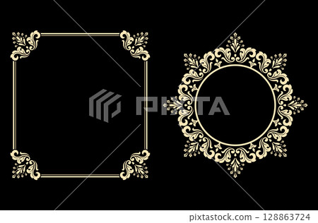 Set of decorative frames Elegant vector element for design in Eastern style, place for text. Floral black and golden borders. Lace illustration for invitations and greeting cards Set of decorative frames Elegant vector element for design in Eastern style, place for text. Floral black and golden borders. Lace illustration for invitations and greeting cards 128863724