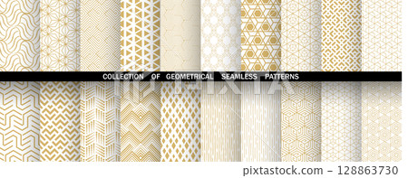 Geometric set of seamless golden and white patterns. Simple vector graphics 128863730