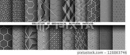 Geometric set of seamless black and gray patterns. Simple vector graphics 128863746