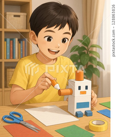 小學生沉浸在暑假手作中 128863816