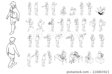 等距插圖:工人設定輪廓女人(單色) 等距插圖:工人設定輪廓女人(單色) 128863921