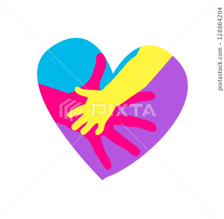 hand icon. Parenthood sign Logo child's hand in adult's hand. hand drawn. Not AI, Vector illustration 128864204