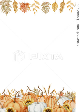 Watercolor Card Template with pumpkins and fall leaves. Illustration of seamless Border for autumn banner. Art of Pattern for harvest festival frame. Background for greeting cards or invitations. Watercolor Card Template with pumpkins and fall leaves. Illustration of seamless Border for autumn banner. Art of Pattern for harvest festival frame. Background for greeting cards or invitations. 128864209