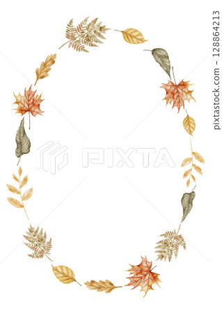 Watercolor card Template with Autumn leaves forming an oval Frame. Illustration of border with fall plants with maple, oak, and fern seasonal invitation designs or harvest festival greeting cards. 128864213
