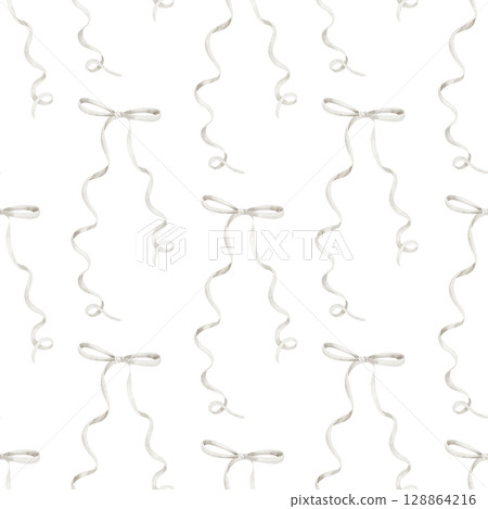 Seamless Pattern with curling watercolor Ribbons and Bows. Illustration of background in soft pastel colors for baby shower stationery, gentle textile and nursery wallpaper. Backdrop for wrapping. Seamless Pattern with curling watercolor Ribbons and Bows. Illustration of background in soft pastel colors for baby shower stationery, gentle textile and nursery wallpaper. Backdrop for wrapping. 128864216