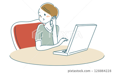 A woman using a computer while on the phone A woman using a computer while on the phone 128864228