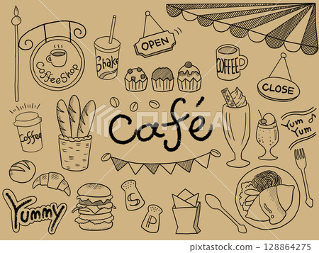 咖啡廳菜單插圖集（黑線） 128864275