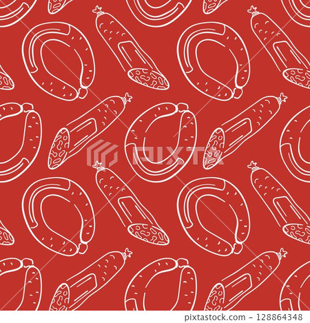 Seamless pattern with line art style sausage and salami on red background. Perfect for butcher shop packaging, restaurant menu, grocery design and kitchen wallpaper. 128864348