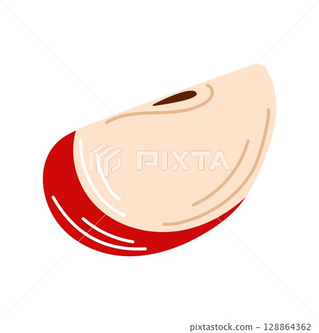 Red apple slice in flat style with seed isolated on white background. Perfect for seasonal and traditional food logo design. Red apple slice in flat style with seed isolated on white background. Perfect for seasonal and traditional food logo design. 128864362