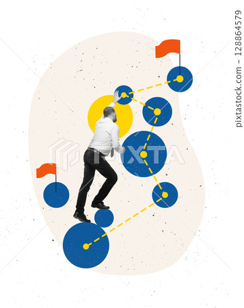 Creative colorful artwork of man climbing dotted path of blue circles toward red goal flag 128864579