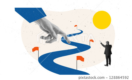 Bold composition of giant hand pointing business direction toward rising path Bold composition of giant hand pointing business direction toward rising path 128864592