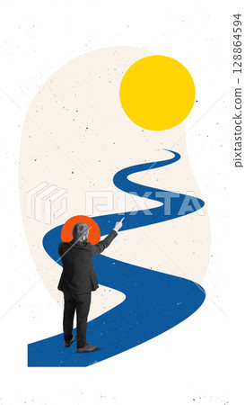 Bright poster of businessman pointing toward sun at end of winding road Bright poster of businessman pointing toward sun at end of winding road 128864594