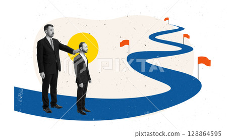 Contemporary collage of man leading smaller colleague along winding road with flags on way 128864595