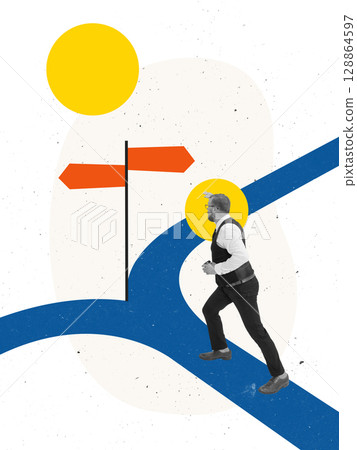 Collage of man at career crossroad with arrows and large yellow sun in background Collage of man at career crossroad with arrows and large yellow sun in background 128864597