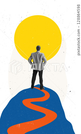 Bold poster of businessman standing on mountain looking at large yellow sun over winding path Bold poster of businessman standing on mountain looking at large yellow sun over winding path 128864598