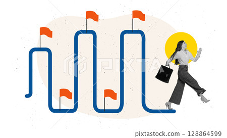 Creative digital artwork of businesswoman leaping across checkpoints with red flags on curvy line 128864599