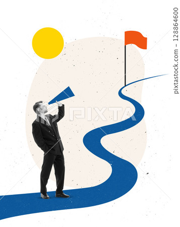 Bright collage of businessman shouting through megaphone toward flag on winding road under sun 128864600