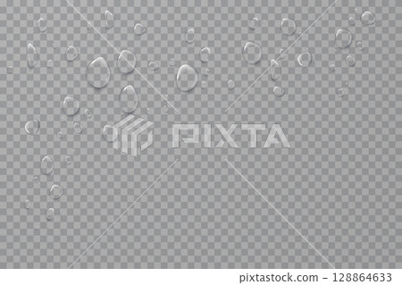 Curved top layout of realistic water drops on transparent 128864633