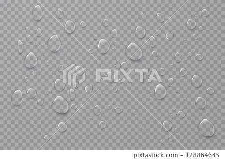 Realistic water drops scattered on transparent background Realistic water drops scattered on transparent background 128864635