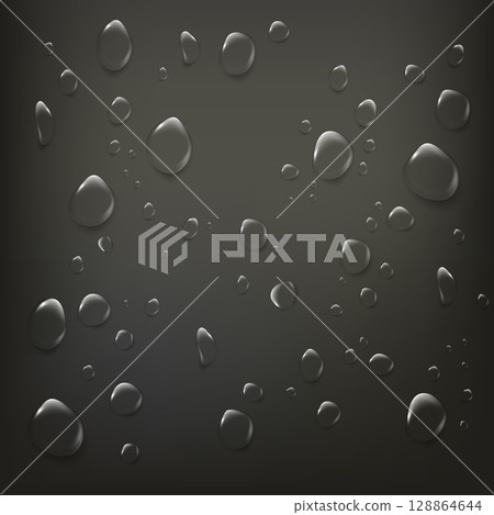 Realistic water drops on black background with reflection Realistic water drops on black background with reflection 128864644