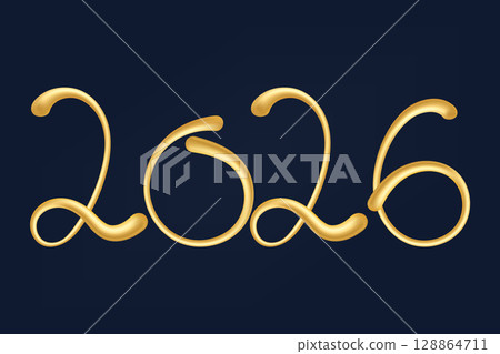 Glossy 3D golden swirl numbers 2026 on dark background 128864711