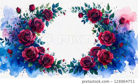 水彩紅玫瑰框架 128864751