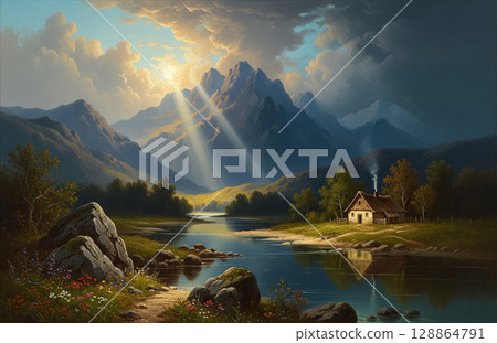 一片寧靜與希望的景象。山間小屋被陽光照亮。 128864791
