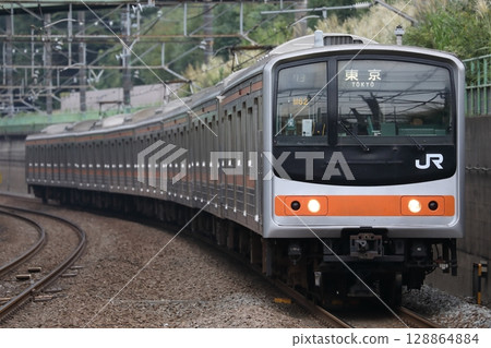Musashino Line 205 series M62 train entering Kitafuchu Station, fairy tale face Musashino Line 205 series M62 train entering Kitafuchu Station, fairy tale face 128864884