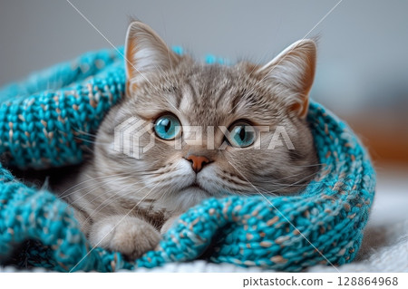 Adorable Cat Wrapped In Blue Blanket Adorable Cat Wrapped In Blue Blanket 128864968