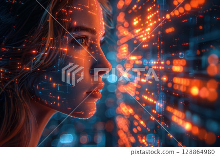 Female Profile with Digital Grid and Orange Holograms 128864980