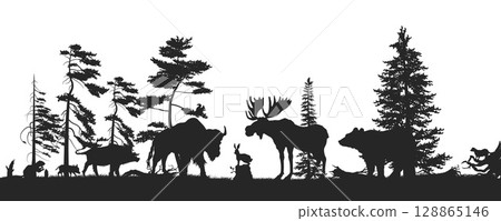 Forest landscape black silhouette. Wildlife drawing with american animals. Travel scene with elk, boar and bear. European natural panorama 128865146