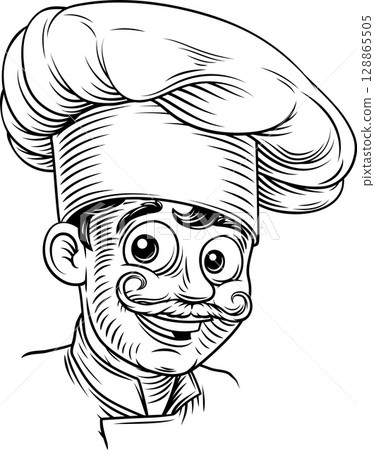 Smiling Chef Baker Cook Woodcut Vintage Drawing Smiling Chef Baker Cook Woodcut Vintage Drawing 128865505