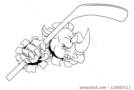 Rhino Rhinoceros Ice Hockey Cartoon Sports Mascot Rhino Rhinoceros Ice Hockey Cartoon Sports Mascot 128865511