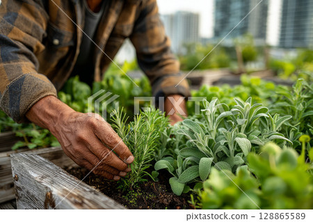 Man tending herbs in urban garden 128865589