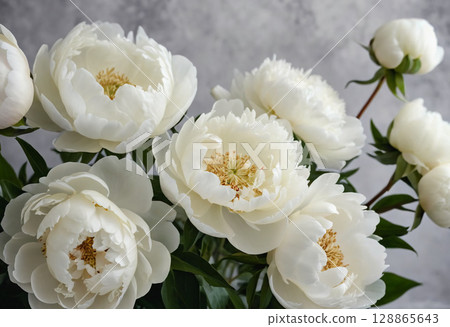 A stunning display of white peonies fills the frame, revealing delicate petals and vibrant green leaves. This arrangement captures the essence of spring's beauty and freshness Generative AI 128865643