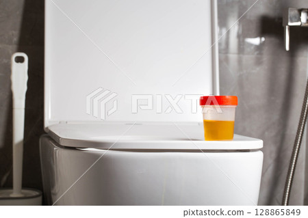 Urine analysis in the toilet on the toilet. Concept of urine analysis for bacteria, infections and protein. Copy space for text, leukocytes Urine analysis in the toilet on the toilet. Concept of urine analysis for bacteria, infections and protein. Copy space for text, leukocytes 128865849