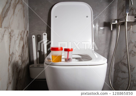 Medical containers with urine and feces analysis on the toilet lid in the toilet. The concept of taking tests for bacterial culture, copy space for text 128865850