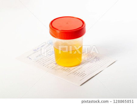 Medical direction on the table with a container of urine for analysis. Urine analysis for protein and bacteria, close-up. White background 128865851