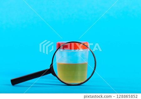 Urine analysis under a magnifying glass on a blue background. Concept of urine testing for infections and leukocytes in urology. Copy space for text Urine analysis under a magnifying glass on a blue background. Concept of urine testing for infections and leukocytes in urology. Copy space for text 128865852